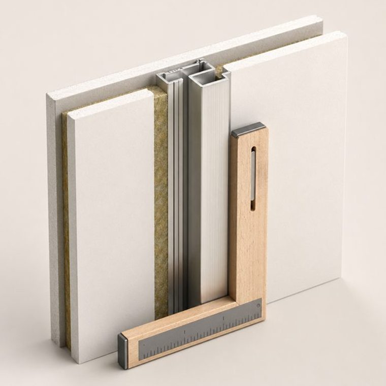 3D-Darstellung von Trockenbauplatten und Metallprofil